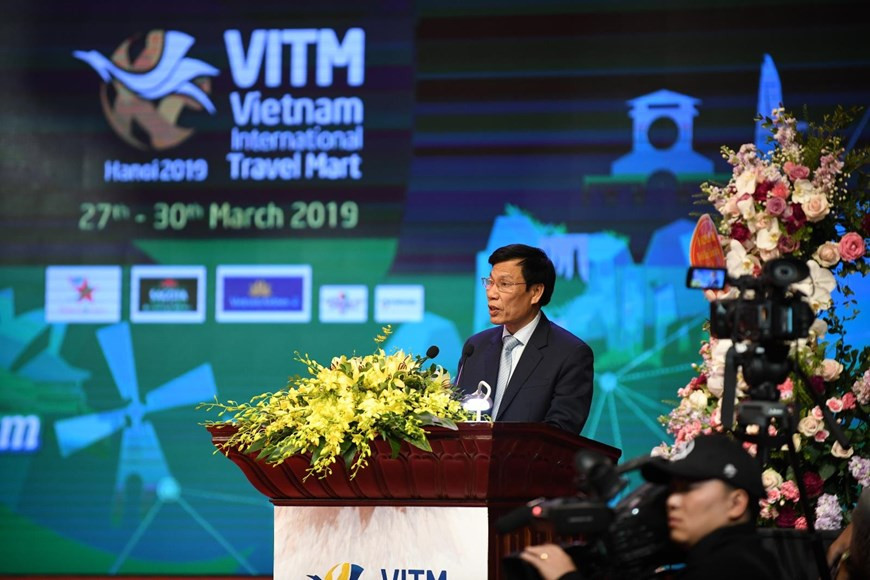 Minister of Culture, Sports and Tourism Nguyen Ngoc Thien delivers a speech in the opening ceremony of the Vietnam International Travel Mart (Photo: VNA)