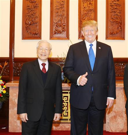 Party General Secretary and State President Nguyen Phu Trong hosts a reception for US President Donald Trump in Hanoi, February 27, 2019 (Photo: VNA)