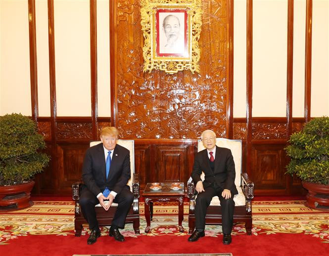 Party General Secretary and State President Nguyen Phu Trong hosts a reception for US President Donald Trump in Hanoi, February 27, 2019 (Photo: VNA)