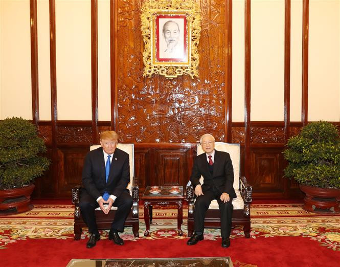 Party General Secretary and State President Nguyen Phu Trong hosts a reception for US President Donald Trump in Hanoi, February 27, 2019 (Photo: VNA)