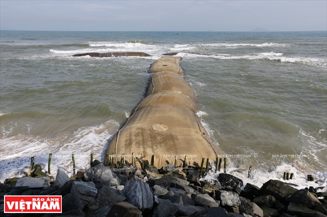Flexibile dams made of 20 metre-long, 300-tonne sand bags are deployed to reduce erosion. (Source: VNA)