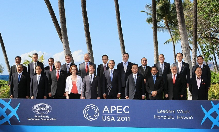 Then President Truong Tan Sang (back, first, right) and other leaders at the 19th APEC Economic Leaders' Meeting held in Hawaii, the US, from November 10 to 13, 2011 (Photo: VNA)