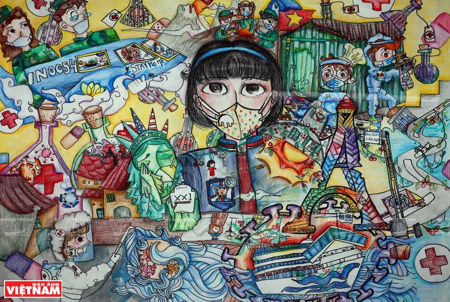 A 60x85cm crayon painting on paper, titled 'Me being safe amid the pandemic,' is her largest art work. (Photo: VNP/VNA)