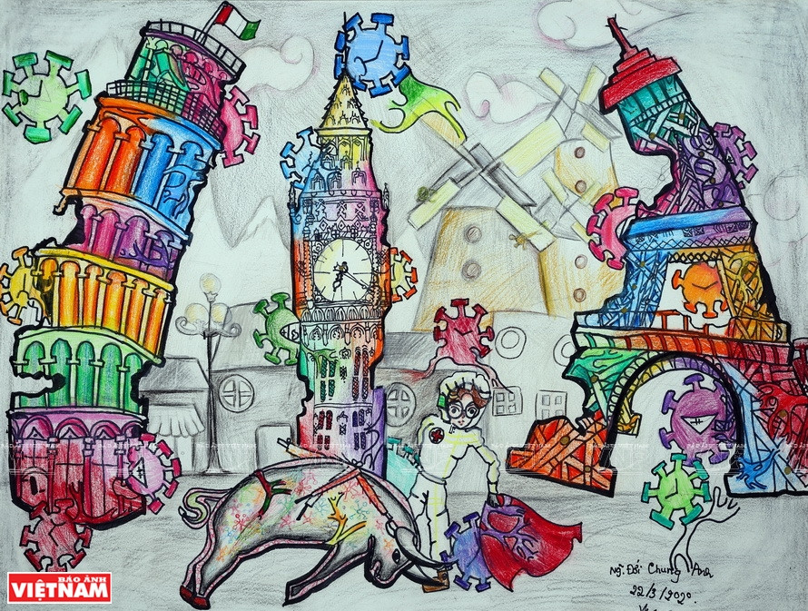 A crayon painting on paper, titled 'Europe and COVID-19 pandemic' (Photo: VNP/VNA)