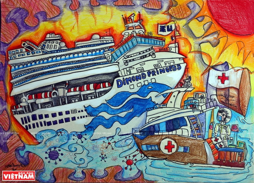 Chung Anh's crayon painting on paper, titled 'Rescuing the cruise ship,' measuring 58x38cm (Photo: VNP/VNA)