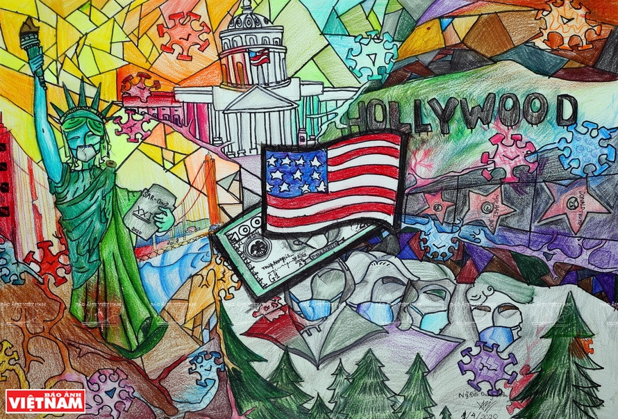 A crayon painting on paper, titled 'The US and Sars-COV-2,' measuring 40x60cm. (Photo: VNA/VNP) 