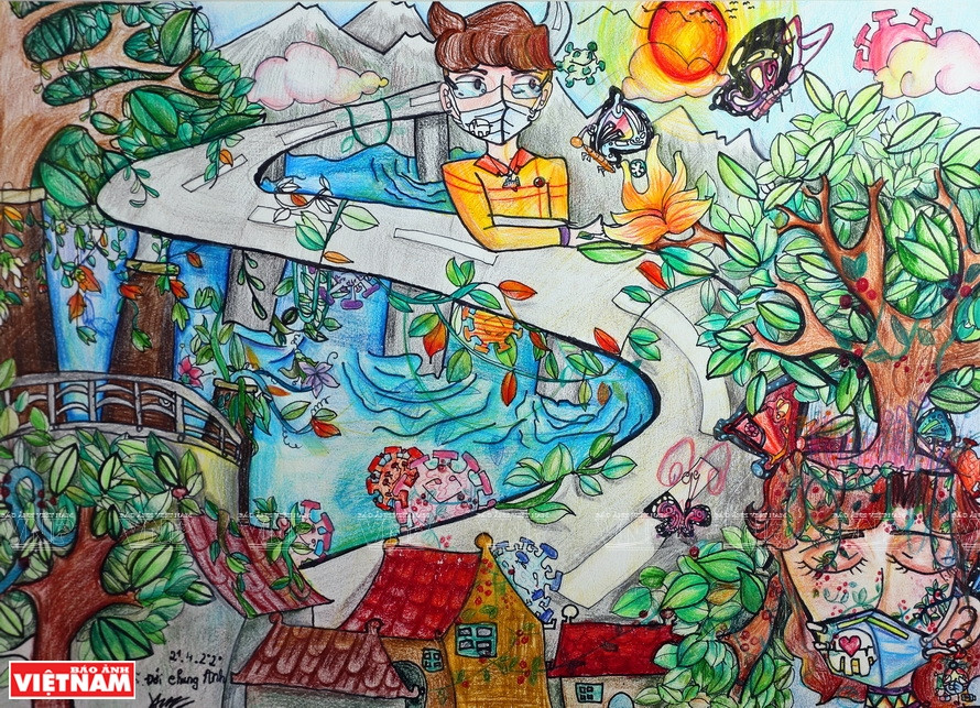 Chung Anh has done a total of 11 drawings using crayons that chronicle how the pandemic first unfolded and how it shook the world to its core. (Photo: VNA/VNP)