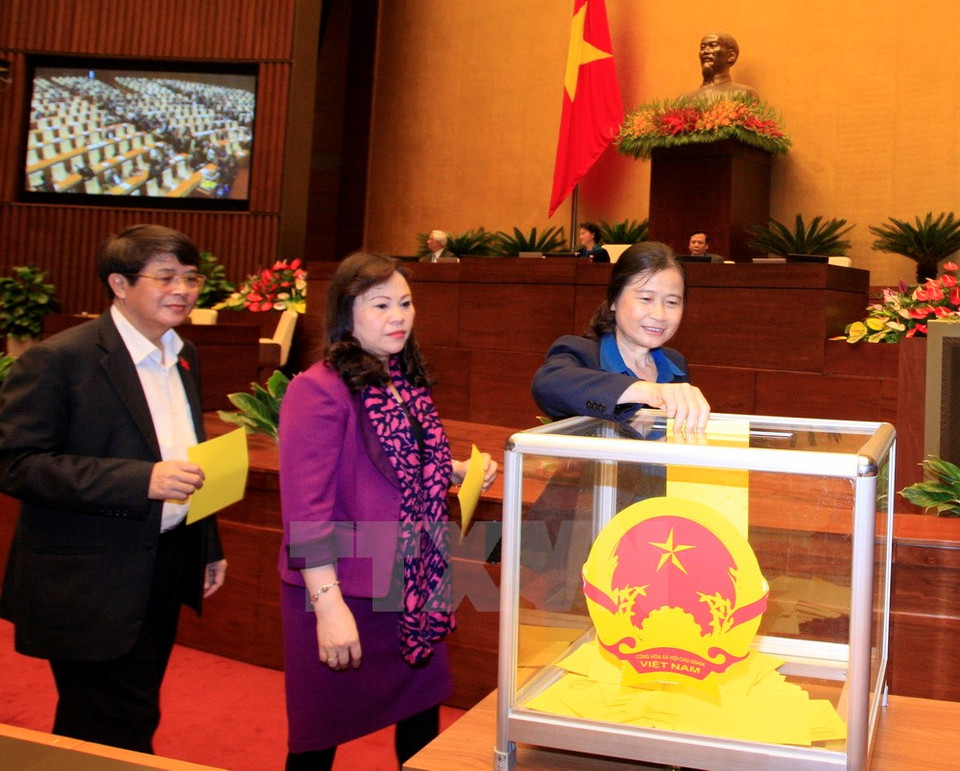 Among the 481 valid votes, 452 (or 91.5 percent of the total 494 NA deputies) elected ​Tran Dai Quang as the President (Photo: VNA)