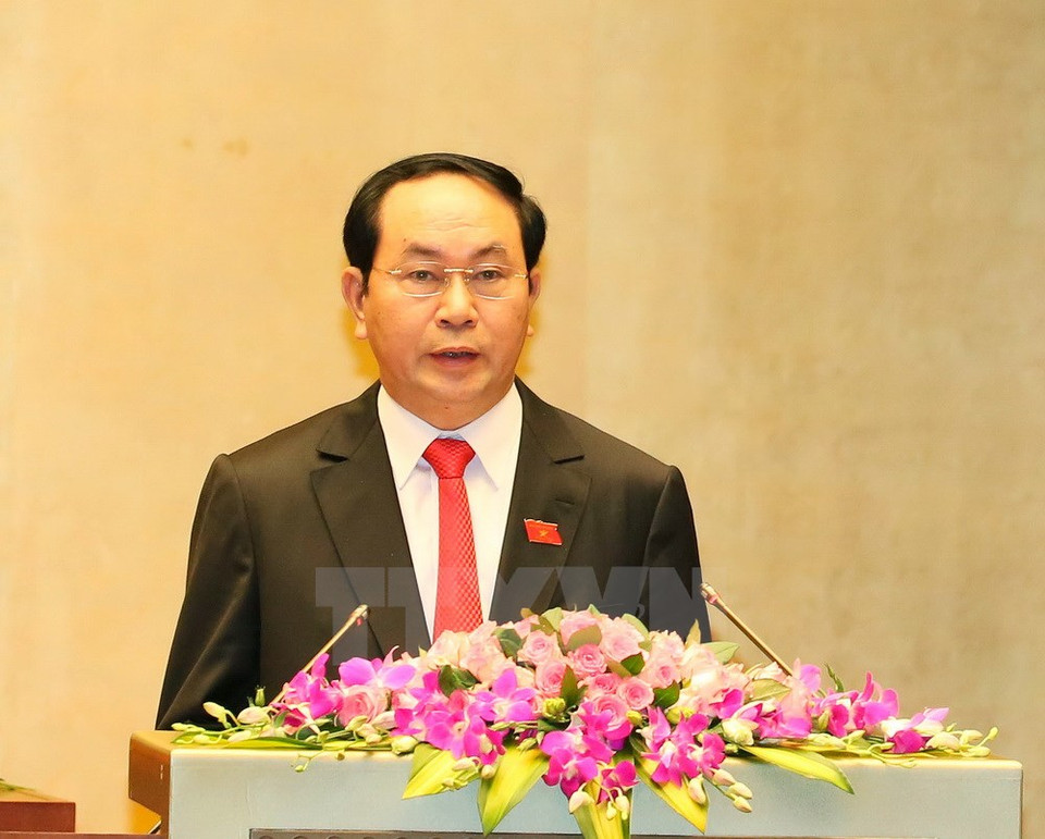 President Tran Dai Quang gives a speech at the swearing-in (Photo: VNA)