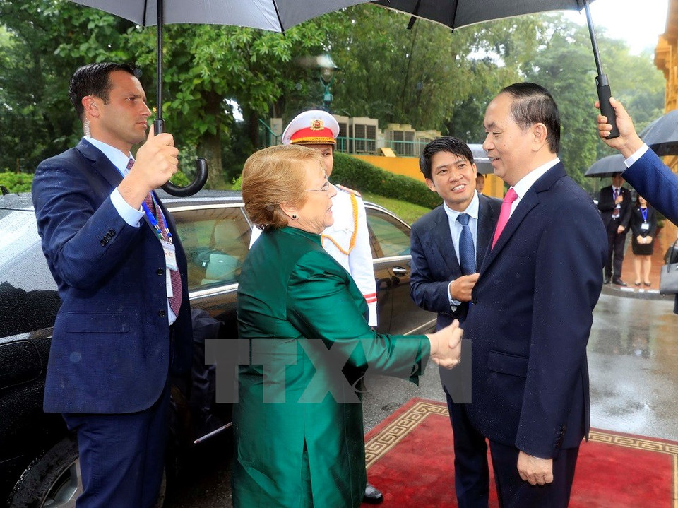 President Tran Dai Quang welcomes Chilean President Michelle Bachelet Jeria on November 9 morning (Photo: VNA) 