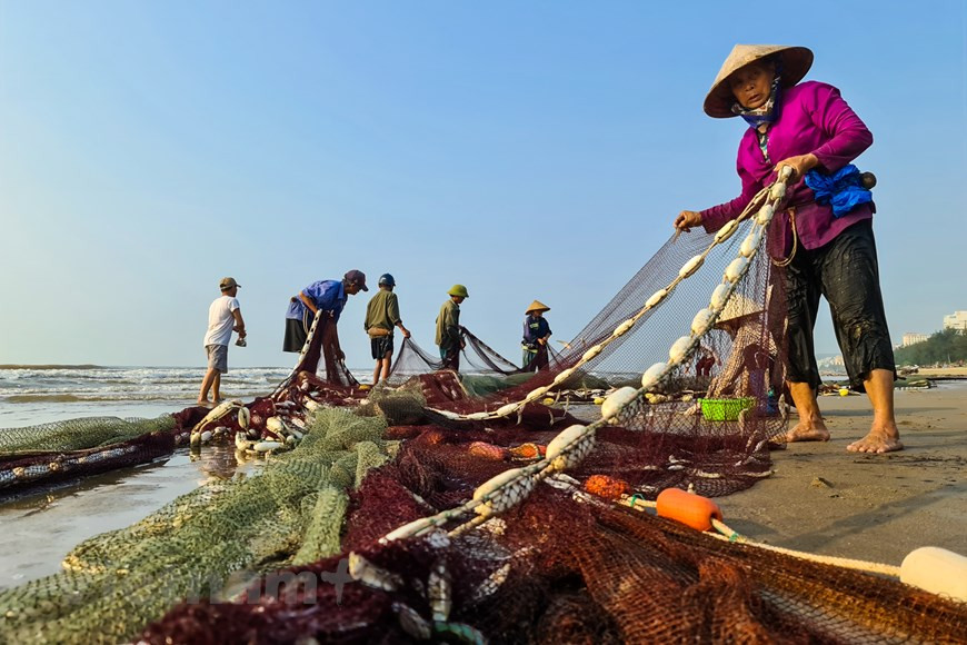 Locals pull fishing nets from the boat (Photo: Vietnam+)