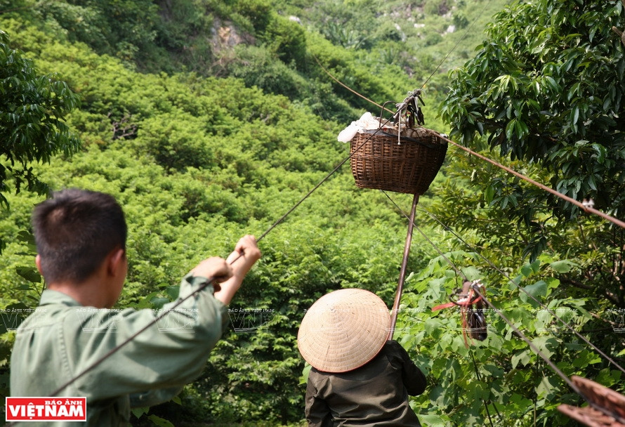  It takes only 2 minutes to carry custard apples to the foot of the mountain using the pulley system.(Photo: VNP/VNA)