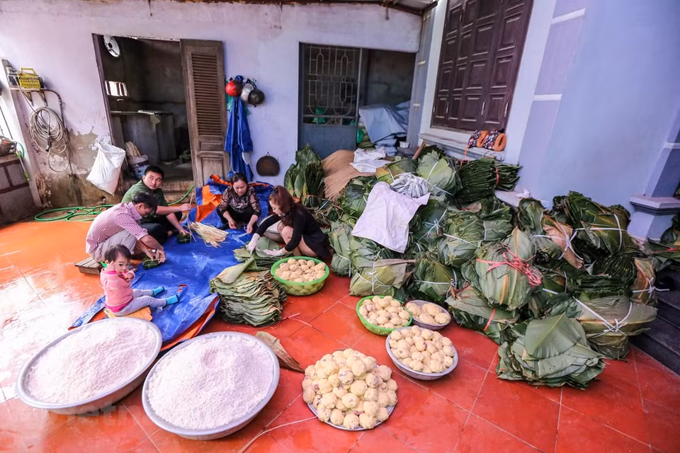 Visiting Tranh Khuc village these days, it is easy to see the image of families busy packing Chung cakes to serve customers. On average, each household makes 200 - 300 cakes in a normal day. But one week before Tet, their productivity may increase by 10 times. They have trade secret to bring out the typical taste of the Chung cake with sticky rice, buttery green bean, pepper fragrance, and fatty pork. In order to have good cakes, they have to carefully choose rice, bean, pork, and leaves. Good rice is Hai Hau variety. The meat should be pork side which has half fat and half lean meat to ensure the cake will not be dry. (Photo: Minh Son/Vietnam+)