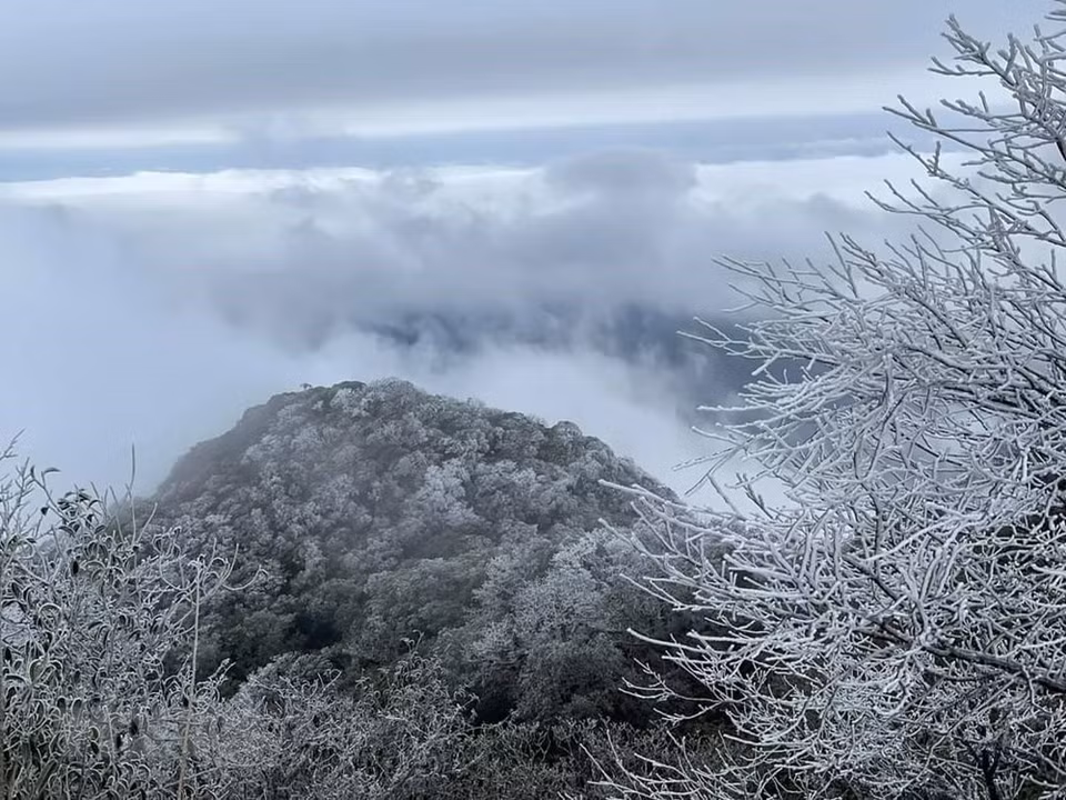 Mount Phia Oac is covered with a white colour of ice. The landscape looks like in Europe (Photo: VNA)