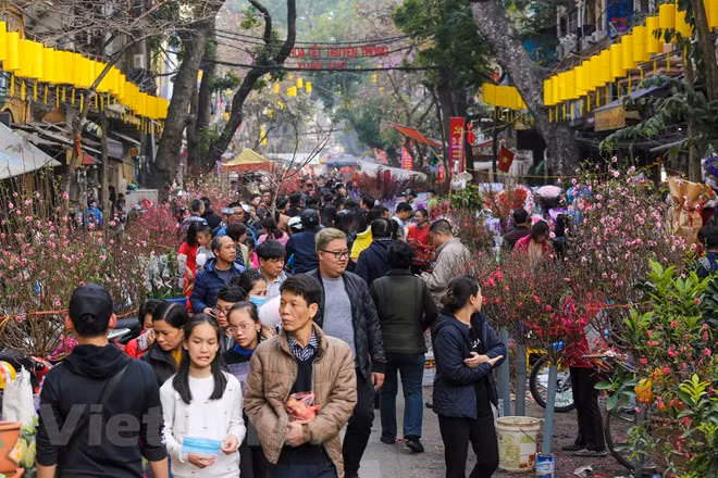 People come to Hang Luoc flower street to enjoy the Tet atmosphere (Source: VNA)
