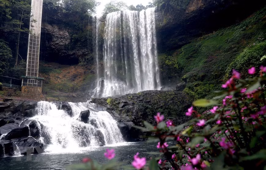 The waterfall is surrounded by many kinds of flowers blooming all year round (Photo: VNA)