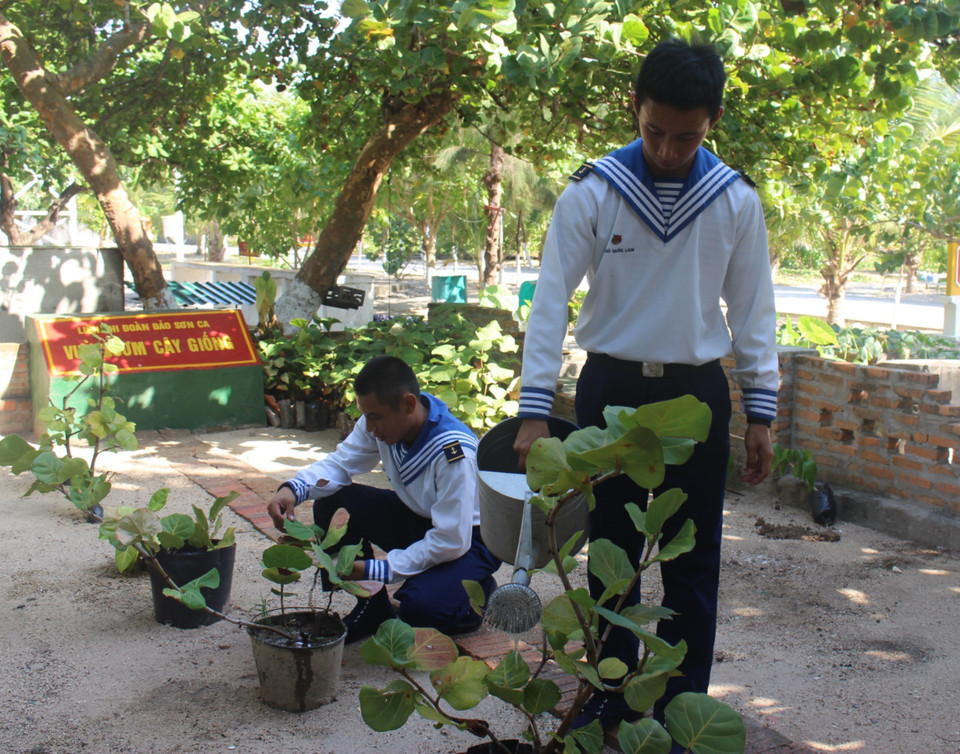 Besides studying and training, soldiers spend time planting and taking care of the greenery on the island. (Photo: Phan Sau – Sy Tuyen – Thang Trung/VNA)