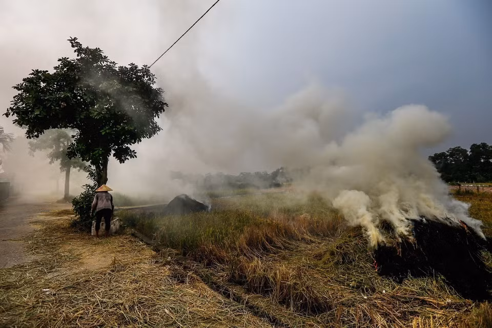 Environmental pollution from burning straw is extremely serious because in the smoke, there are small dust particles, CO, CO2, SO2 and NO2, etc. In the photo: Air pollution in Hanoi increases due to many factors, including industrial emissions, straw burning, traffic jams and construction. (Photo: VNA)
