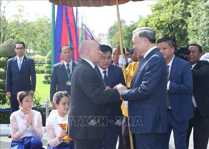 Cambodian King Norodom Sihamoni (left) welcomes Vietnamese President To Lam at the Royal Palace in Phnom Penh on July 12. (Photo: VNA)