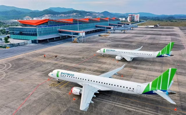 Bamboo aircraft on the ground at the Van Don International Airport in Quang Ninh province. (Photo: VNA)