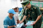 Distributing documents on anti-IUU fishing to fishermen. (Photo: VNA)