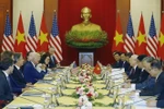 The high-level talks between Party General Secretary Nguyen Phu Trong (fourth, right) and US President Joe Biden (fourth, left) in Hanoi on September 10, 2023 brought about many good outcomes, reflected by the issuance of a joint statement on elevating Vietnam-US relations to a Comprehensive Strategic Partnership for Peace, Cooperation, and Sustainable Development. (Photo: VNA)