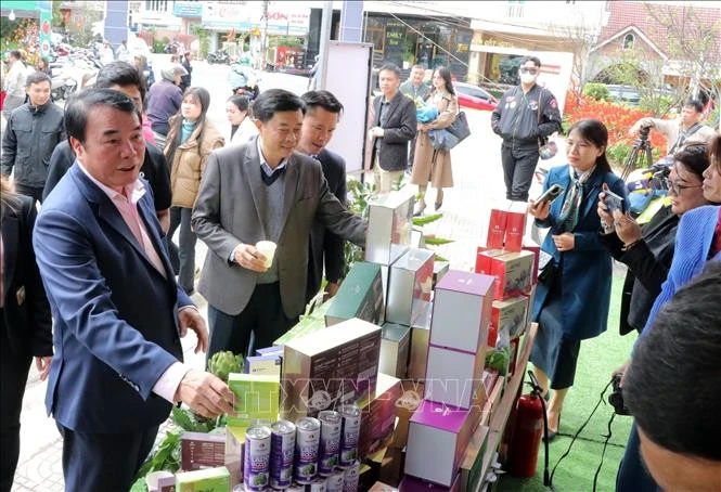 Leaders of Lam Dong province visit a booth at the wine, tea, coffee and specialties street programme. (Photo: VNA)