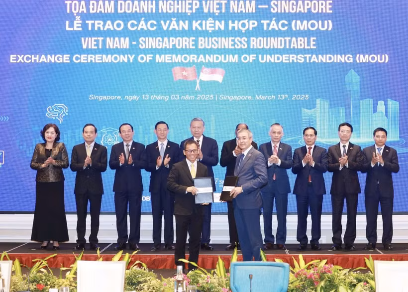 Party General Secretary To Lam and officials witness the exchange of cooperation documents between Vietnamese and Singaporean firms at a business roundtable in the city state on March 13. (Photo: VNA)