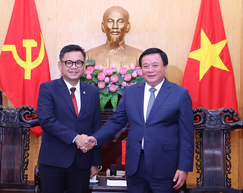 Prof. Dr Nguyen Xuan Thang (right), Politburo member, President of the Ho Chi Minh National Academy of Politics (HMCA) and Chairman of the Central Theory Council, meets with Dr Ace Hasan Syadzily, Governor of the National Resilience Institute (Lemhannas) of Indonesia, in Hanoi on November 11. (Photo: VNA)