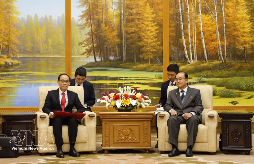 Politburo member and Minister of Foreign Affairs Le Hoai Trung (left) meets with Jo Yong Won, Chairman of the Standing Committee of the Supreme People's Assembly (SPA) and Chairman of the SPA of the Democratic People's Republic of Korea, in Pyongyang on May 15. (Photo: VNA)