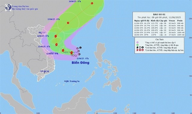 A map showing the expected path of the first typhoon of the year, named Wutip, on June 11 morning. (Photo: nchmf.gov.vn)