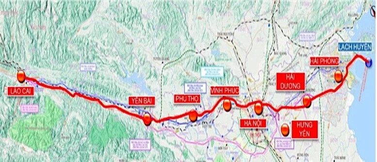 A map showing the Lao Cai - Hanoi - Hai Phong railway, which will be 388.35km long in total and run through nine localities. (Photo: baodautu.vn)