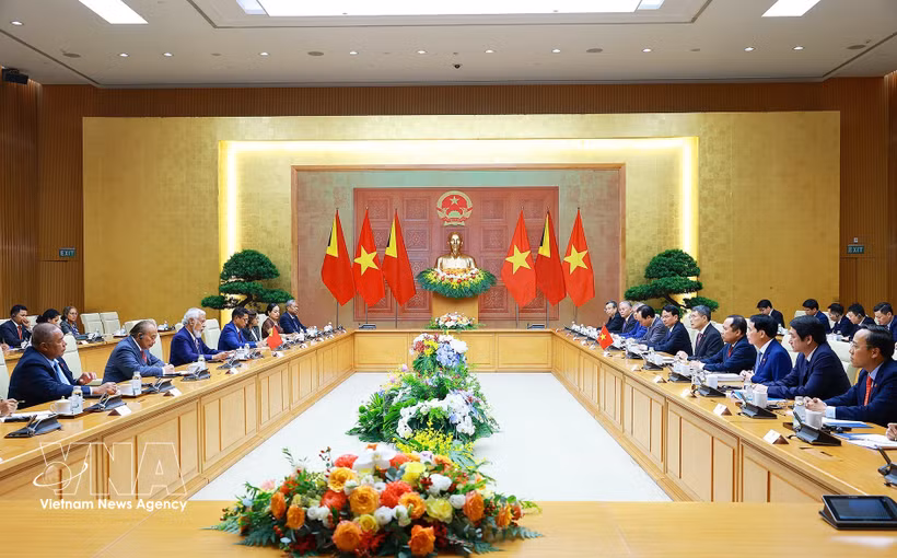 The talks between Vietnamese PM Le Minh Hung and his Timor-Leste counterpart Rala Xanana Gusmao in Hanoi on June 9 (Photo: VNA)