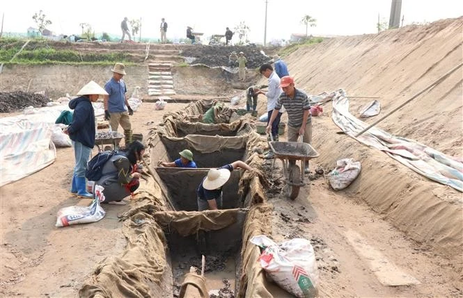 A boat is being unearthed. Each boat measures approximately 16 metres in length and up to 2 metres in width. (Photo: VNA)