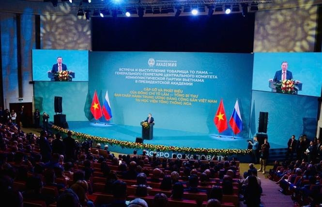 Party General Secretary To Lam delivers a speech at the Russian Presidential Academy of National Economy and Public Administration (RANEPA) in Moscow on May 10. (Photo: VNA)