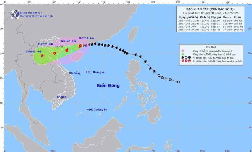 The path of Typhoon Wipha as of 4am on July 21 (Photo: National Centre for Hydro-Meteorological Forecasting)