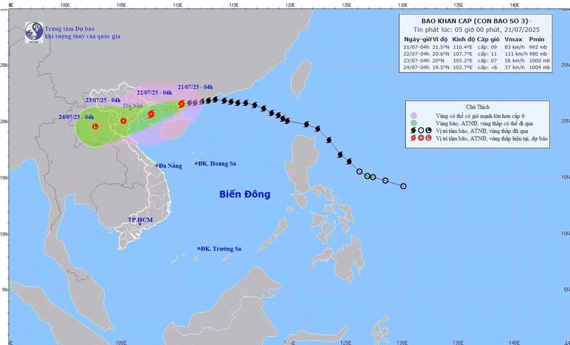 The path of Typhoon Wipha as of 4am on July 21 (Photo: National Centre for Hydro-Meteorological Forecasting)