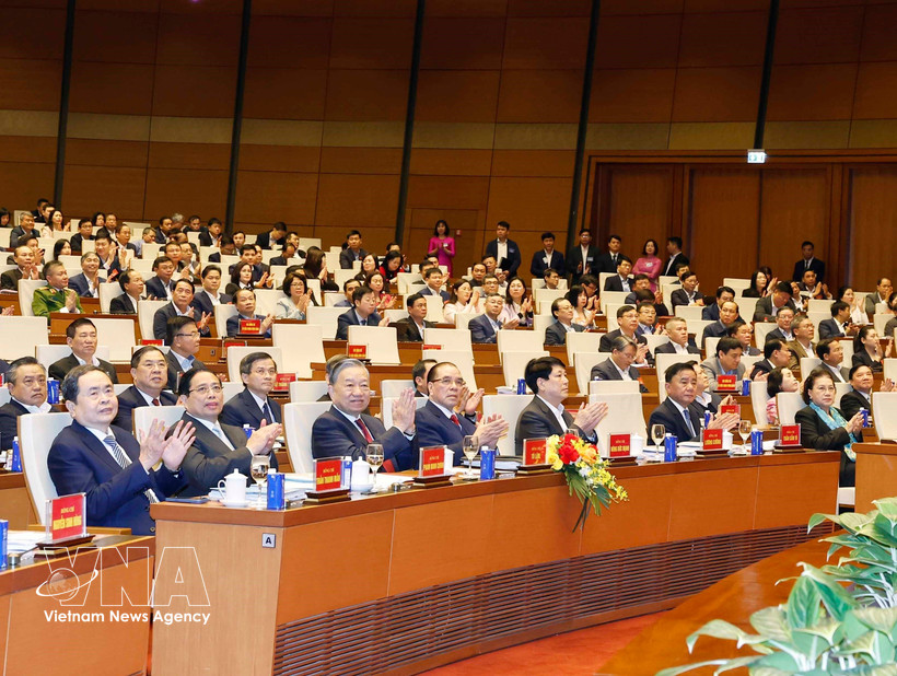 Party General Secretary To Lam and incumbent and former leaders of the Party and State attend the conference on February 7. (Photo: VNA) 