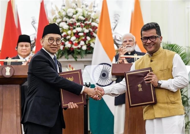 Indonesian President Prabowo Subianto (first from left) and Indian Prime Minister Narendra Modi (second from right) witness the signing of cooperation deals in New Delhi on January 25, 2025. (Photo: ANI/VNA)