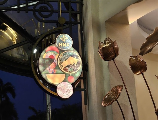 The logo of the Hanoi Stock Exchange is seen outside its building on Phan Chu Trinh street. (Photo: VNS/VNA) 