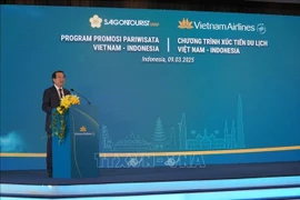 Deputy Director of the Vietnam National Authority of Tourism Ha Van Sieu speaks at the Vietnam - Indonesia tourism promotion programme in Jakarta on March 9. (Photo: VNA)