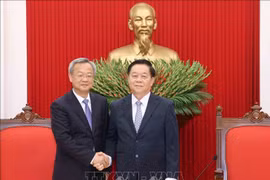 Politburo member, Secretary of the Party Central Committee and Chairman of its Commission for Information, Education and Mass Mobilisation Nguyen Trong Nghia (R) shakes hands with Editor-in-Chief of the People's Daily of China Chen Jianwen. (Photo: VNA)
