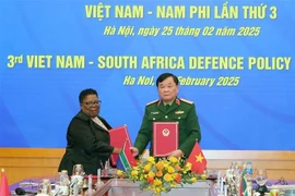 Deputy Minister of National Defence Senior Lieutenant General Hoang Xuan Chien (R) shakes hands with Acting Secretary for Defence of South Africa Thobekile Gamede. (Photo: VNA)