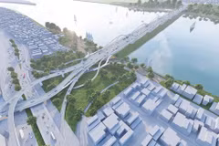 A graphic design of Tran Hung Dao Bridge spanning the Red River in Hanoi.