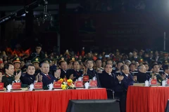 Party General Secretary To Lam (front, thirf from left) and incumbent and former leaders of the Party and State attend the programme in Cao Bang province on January 28. (Photo: VNA)