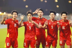 Vietnamese players celebrate the opener by Nguyen Quoc Viet (No. 9) at the third-place match against the RoK in the AFC U23 Asian Cup 2026. (Photo: VNA)