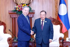 General Secretary of the Communist Party of Vietnam (CPV) To Lam (left) meets with former General Secretary of the Lao People's Revolutionary Party (LPRP) and former President of Laos Bounnhang Vorachith. (Photo: VNA)