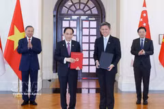 General Secretary of the Communist Party of Vietnam and President of Vietnam To Lam (first, left) and Prime Minister of Singapore Lawrence Wong (first, right) witness the exchange of cooperation documents on May 29. (Photo: VNA)