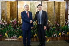 General Secretary of the Communist Party of Vietnam Central Committee and State President To Lam (left) meets with Singaporean Prime Minister Lawrence Wong on May 29. (Photo: VNA)