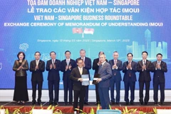 Party General Secretary To Lam and officials witness the exchange of cooperation documents between Vietnamese and Singaporean firms at a business roundtable in the city state on March 13. (Photo: VNA)